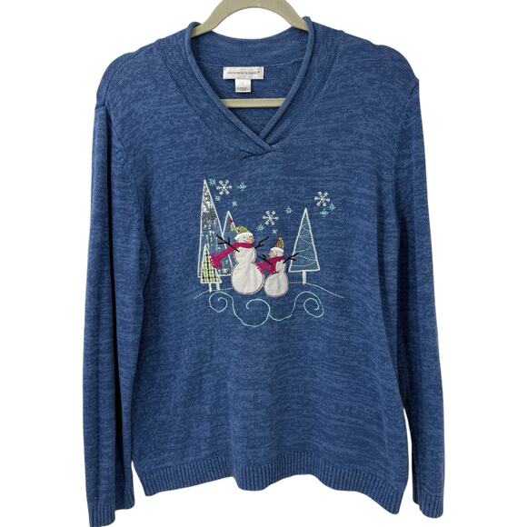 Christopher Banks Large Wintertime Christmas Sweater Blue Snowman Snowflake - Picture 1 of 8
